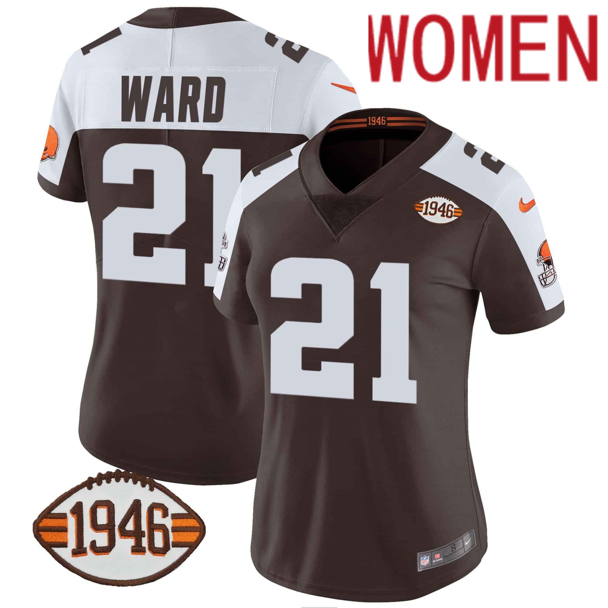 Women Cleveland Browns 21 Ward Brown 1946 75th Anniversary Patch 2024 Nike NFL Jersey